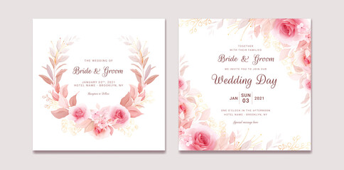 Wedding invitation template set with floral wreath and border. Roses and sakura flowers composition vector for save the date, greeting, celebration card vector