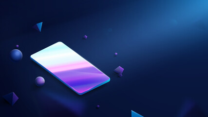 Poster - Realistic Modern Smartphone on dark blue background. Floating Blue Geometric Virtual Reality. Modern Innovative Technology