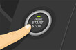 Driving a car. Finger pressing engine start and stop button. Flat vector illustration.