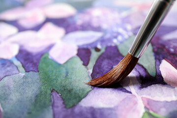 Wall Mural - Painting flowers with watercolor on paper, closeup