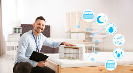 Wall Mural - Salesman with section of mattress in furniture store