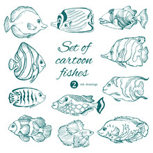 Set Of Saltwater Aquarium Fishes On White. Vector Ink Drawing