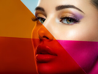 Wall Mural - beautiful white girl with bright eye-makeup. beautiful fashion woman with a colored items. glamour f
