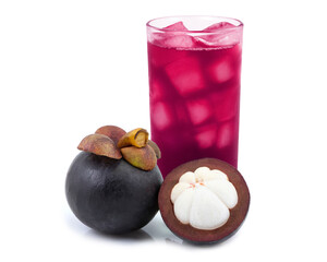Wall Mural - Glass of mangosteen juice isolated on white. Tropical summer soft drink concept.