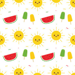 Wall Mural - Colorful summer vector seamless pattern background with cute sun character, popsicles and flip flops.