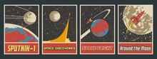 Old Soviet Space Propaganda Posters Stylization, Retro Space Rockets, Moon, Earth, Space Flights