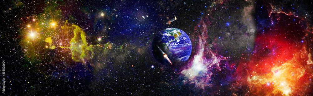 Panorama Earth in the outer space collage. Abstract wallpaper. Elements of this image furnished by NASA - obrazy, fototapety, plakaty 