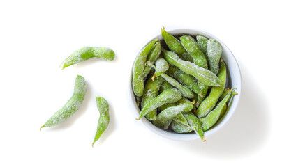 the freeze green soybeans on white background