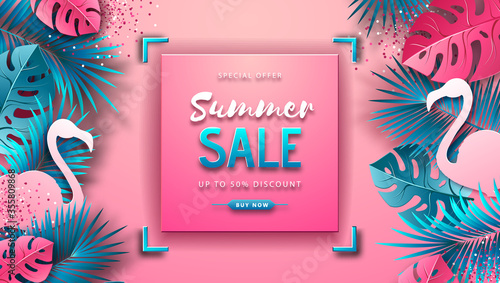 Fotografía Summer sale poster with pink and blue tropic leaves and flamingo on pink background