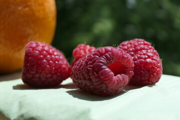 Fresh crunchy ripe and juicy raspberries in daylight, closeup