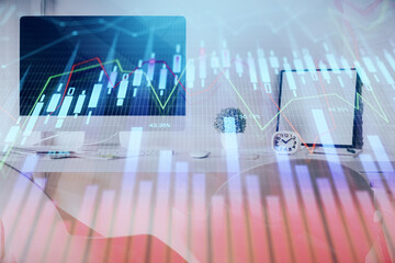 Multi exposure of stock market chart drawing and office interior background. Concept of financial analysis.