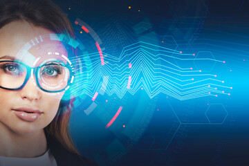 Wall Mural - Young woman in glasses, AI interface