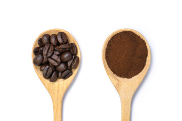 Wall Mural - Closeup roasted coffee bean, instant finely coffe dust powder in wooden spoon isolated on white background. Top view. Flat lay.