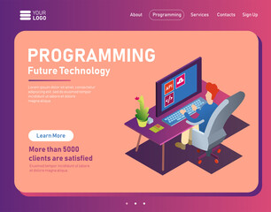programmer at work concept banner. can use for web banner, infographics, hero images. flat isometric