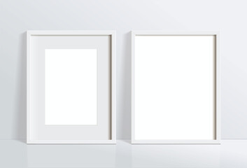 Set minimal empty vertical white frame picture mock up hanging on white wall background with window light and shadow. isolate vector illustration.