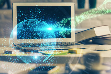 multi exposure of desktop computer and technology theme hologram. concept of software development.