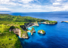 Aerial View At Sea And Rocks. Turquoise Water Background From Top View. Summer Seascape From Air. Atuh Beach, Nusa Penida, Bali, Indonesia. Travel - Image