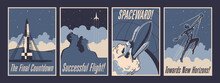 Space Propaganda Poster Set. Launching Pad, Space Rocket, Flying Man