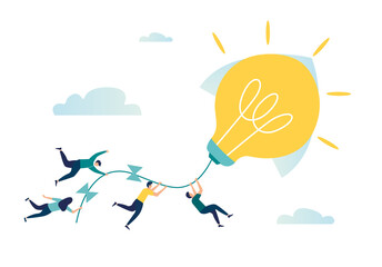 Wall Mural - Vector illustration, achievement concept, a company of people holding on to a thread from a paper plane, move towards the goal