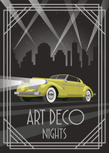 Art Deco Style Poster, Yellow Retro Car, Night City Silhouette, Art Deco Frame