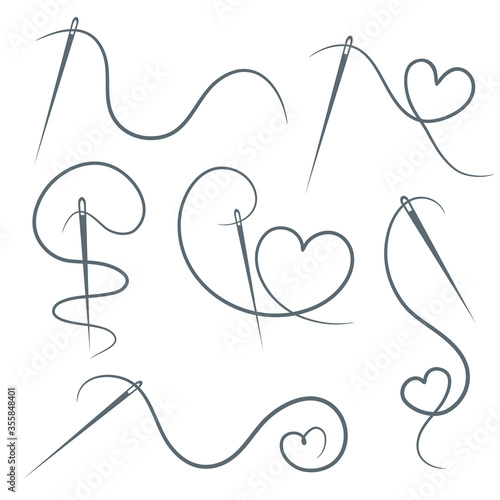 Fotomural Heart with a needle thread icon for design on white, set of different form of hearts