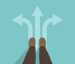 Male standing on the road with three direction arrows top view. Taking decision for the future. Flat vector illustration.