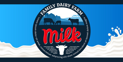 Wall Mural - Vector milk round label and packaging design elements. Milk splash vector illustration. Dairy farm illustrations with cows and calves