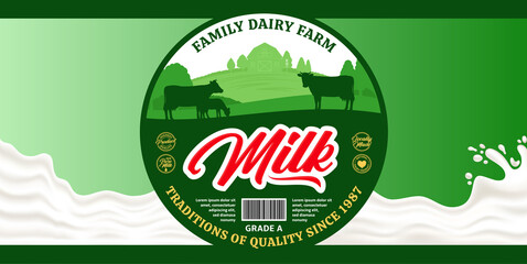 Vector milk round label and packaging design elements. Milk splash and dairy farm illustrations with cows and calves