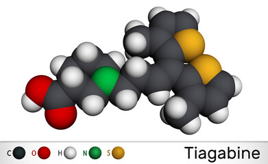 Sticker - Tiagabine, C20H25NO2S2 molecule. It is anticonvulsant medication, is used in the treatment of epilepsy. Molecular model