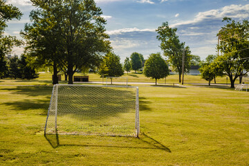 view of a youth soccer field in a city park