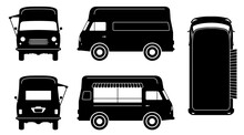 Vintage Food Truck Silhouette On White Background. Vehicle Icons Set View From Side, Front, Back, And Top