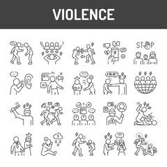 Wall Mural - Violence black line icons set. Harassment, social abuse and bullying. Signs for web page, mobile app, button, logo. Editable stroke.