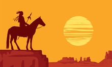 Vector Landscape With Wild American Prairies And Silhouette Of A Lone Indian On Horseback With Spear At Orange Sunset. Decorative Illustration On The Theme Of The Wild West. Western Vintage Background