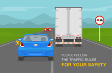 Driver Overtaking A Truck Trailer On Highway. Blue Car Is Breaking The Traffic Rules. Flat Vector Illustration.