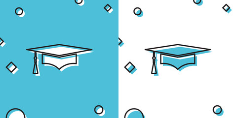 Black Graduation cap icon isolated on blue and white background. Graduation hat with tassel icon. Random dynamic shapes. Vector Illustration