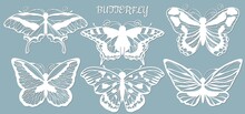 Image With The Inscription-butterfly. Set. Butterfly Template For Laser Cutting, Plotter And Scrapbooking. Production, Design And Decoration Of Postcards, As Well As Crafts Made Of Paper, Wood 