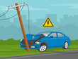 © flatvectors - Driving a car. Power line knocked down by vehicle accident. Downed power line safety rule. Flat vector illustration.