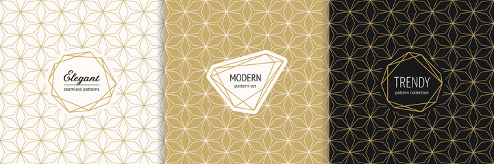 Vector golden geometric seamless patterns with modern minimal labels. Elegant gold textures set with linear grid, mesh, net, thin lines. Art deco style. Trendy minimalist background. Luxury design