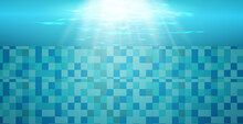 
Swimming Pool With Blue Water, Ripples And Highlights. Texture Of Water Surface And Tiled Bottom. Overhead View. Summer Background.
