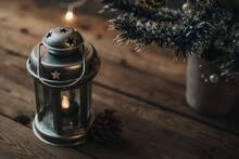 Cute Flashlight. Winter And Christmas Holidays Concept. The Cup Of Hot Drink. Cozy Scene. Background With Christmas Decor. Christmas Background.