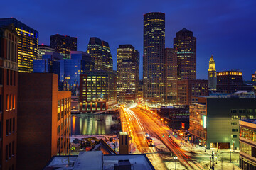 Fototapete - View on Boston city center at winter night