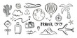 © yura batiushyn - Concept black set of doodle travel icons and elements on a white background. Isolated drawing vector illustration.