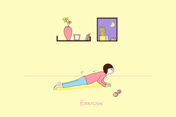 Wall Mural - A Boy Exercising Alone in the Room,Cute characters,relax color concept,pink cheek,rosy cheek,soft pastel color,vector illustration for graphic design,textile pattern,website,banner, card,background