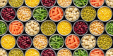 Fototapeta  - Seamless food background made of opened canned chickpeas, green sprouts, carrots, corn, peas, beans and mushrooms on black background