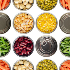 Wall Mural - Seamless food background made of opened canned chickpeas, green sprouts, carrots, corn, peas, beans and mushrooms on white background