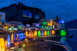 Naples, Italy, December 2019: Colored christmas lights in Atrani, Atrani is a small town on the Amalfi coast, Naples, Italy.