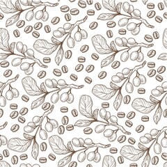 Growing coffee bean branches with leaves seamless pattern