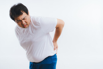 Overweight Asian men with back pain isolated on white background.