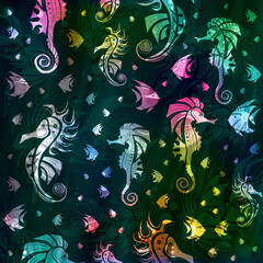 Abstract seahorse and fish pattern on black background. Vector creative illustration.