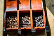 Selective focus of Roasted coffee beans on wooden table background.